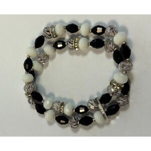 Bracelet Beaded Black‎ and White Beads Signed Elastic Vintage Napier